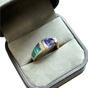 TGI Sterling Silver 925 Gold Green Blue Opal Tanzanite Cubic Zirconia Ring Sz 6